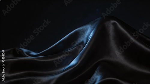 Close-up of flowing black satin fabric with soft, dramatic lighting highlighting its smooth texture and elegant drape. Perfect for luxury fashion and textile design concepts.