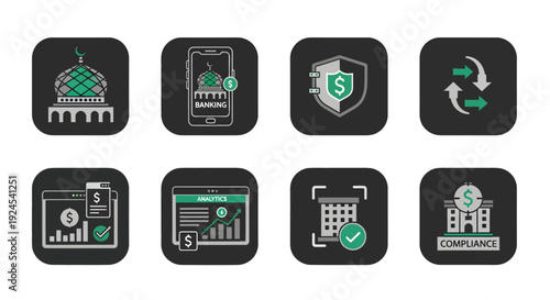 Islamic Fintech and Sharia Banking Icon Set for Digital Finance Compliance