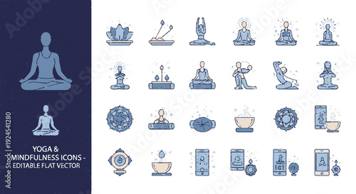 Collection of blue yoga and mindfulness icons in various poses and activities on white background with dark blue banner