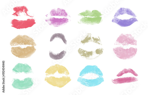Collection of colorful lip prints isolated on a white background. Set of colorful lipstick mark on white background