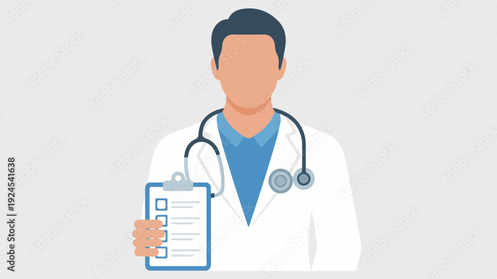Fototapeta premium Male doctor holding clipboard with stethoscope around neck medical professional in white coat healthcare concept