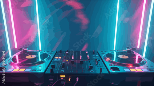 Dj setup with turntables and mixer in a dark room with neon lights creating a vibrant nightlife atmosphere for party or music event