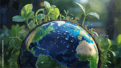 Earth globe with green plants sprouting symbolizing eco friendly growth and sustainability in nature