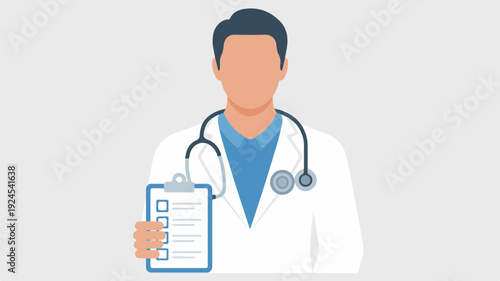 Male doctor holding clipboard with stethoscope around neck medical professional in white coat healthcare concept