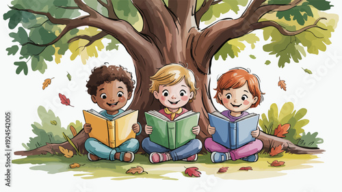 Three happy children reading books under a tree in autumn with leaves falling around them in a park