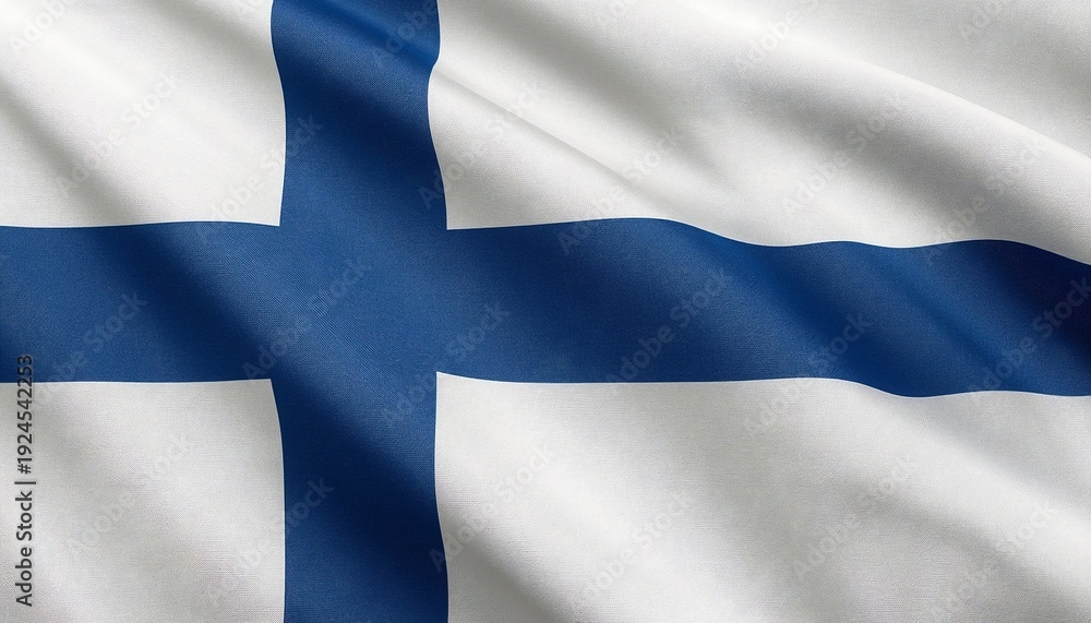 Obraz premium The Finnish flag waving in the wind with a blue cross on a white background