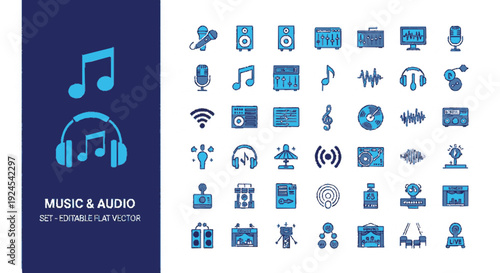 Collection of blue music and audio icons including headphones microphone and waveform symbols on dark blue and white background