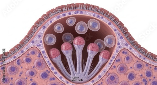 Microscopic view of intestinal crypts with stem cells and differentiated cells