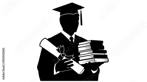 Graduate holding diploma and books in academic attire in black and silhouette for education Transparent Background