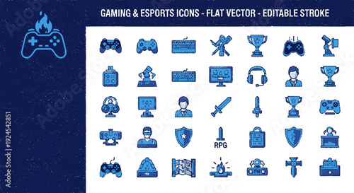 Collection of thirty blue gaming and esports icons including gamepad controller monitor trophy and shield on white background with editable