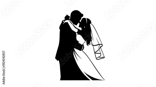 Bride and Groom Kissing in Silhouette with Dramatic Shadows in Black and Illustration for Wedding Invitation Transparent Background