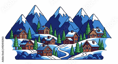 Snowy mountain village winter landscape houses.
