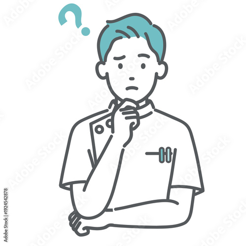 悩む・考えるケーシー白衣の男性看護師・医療従事者のイラスト（上半身）