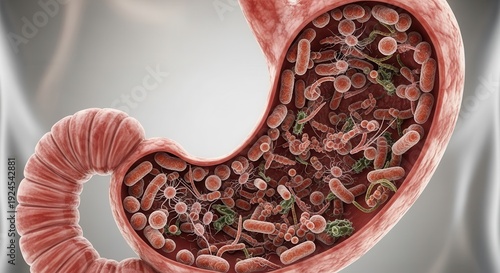 Microscopic view of stomach interior filled with diverse bacteria and microbes.