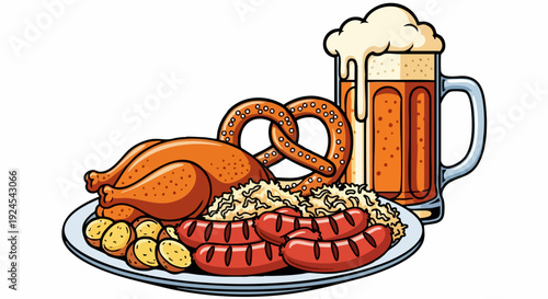 Oktoberfest feast with roasted chicken, sausages, pretzel, sauerkraut, and beer.