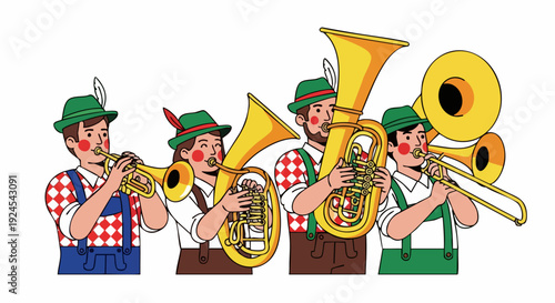 German band playing musical instruments in traditional attire.