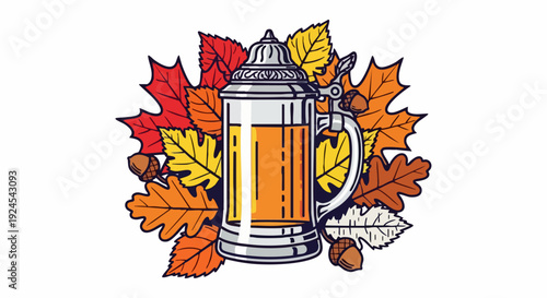 A full beer stein with autumn leaves.