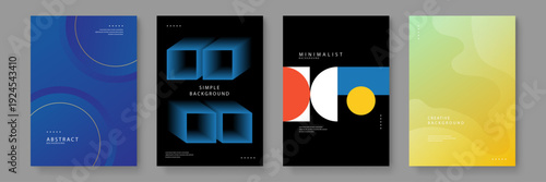 Set of four diverse abstract backgrounds including 3D blue cubes geometric Bauhaus shapes and vibrant yellow fluid gradients