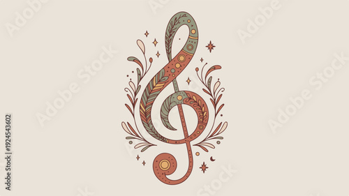 Vibrant treble clef symbol with floral patterns and stars on beige background music notation element