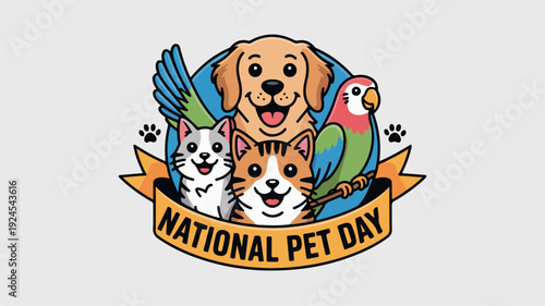 National pet day celebration with happy dog cat parrot and bird animals and pets