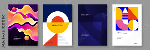 A comprehensive collection of four abstract posters featuring fluid gradients geometric shapes and minimalist modern design elements
