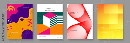 A diverse set of four abstract posters featuring organic fluid shapes isometric cubes red line art and yellow gradients