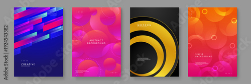 A collection of four professional abstract background covers featuring geometric shapes and vibrant gradients for modern web and print design