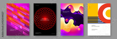 Collection of four stylish abstract backgrounds featuring geometric lines fluid shapes and vibrant gradients for creative design projects