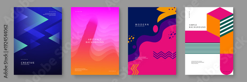 A set of four creative backgrounds featuring various abstract designs including triangles waves organic blobs and isometric cubes