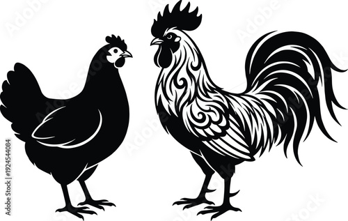 Rooster and hen facing each other in detailed black silhouette illustration, farm animal artwork symbolizing rural life, poultry farming, symmetry, tradition, and classic livestock design