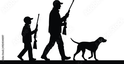 Father and son hunting with dog in black silhouette illustration, outdoor family tradition concept, rural lifestyle scene, firearm safety awareness, countryside adventure artwork