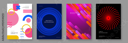 Collection of four abstract background posters featuring memphis geometry guilloche patterns and fluid gradients