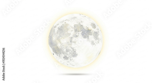 Glowing full moon with subtle shadow on white background lunar surface details visible