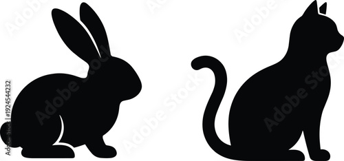 Black silhouette illustration of rabbit and cat sitting apart, minimalist pet animal design symbolizing contrast and companionship, isolated on white background for creative use