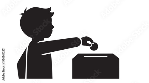 Child Donating Money in Simple Silhouette with Coin in Charity Box for Financial Literacy Transparent Background