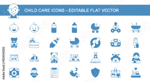 Child care icons set in editable flat vector style for parenting and childcare concepts