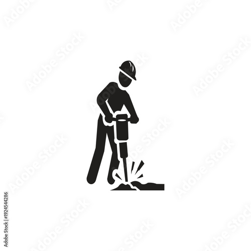 Iconic image of a construction worker using a jackhammer silhouette illustration generally conveys the image of a tough, focused, and protected worker. The worker stands with his feet slightly apart f