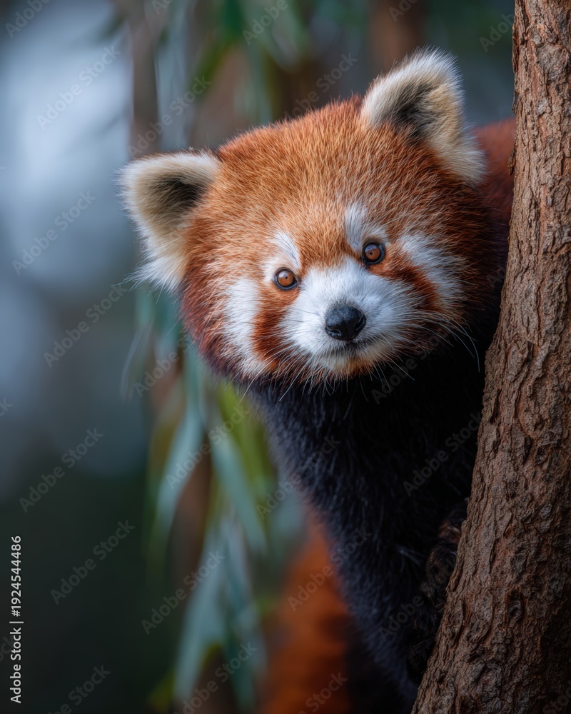 Fototapeta premium Red panda clinging to tree trunk looking