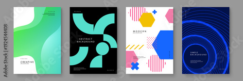 Collection of four minimalist posters featuring abstract geometric shapes and vibrant color palettes for modern graphic design projects