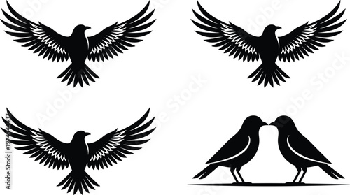 Bird silhouette set featuring flying birds with spread wings and romantic pair on branch, minimalist black and white vector collection for logo and tattoo design