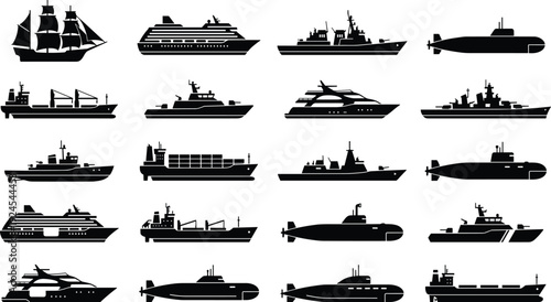 Ship and submarine silhouette collection featuring cargo vessels, cruise liners, yachts, warships, and submarines, black and white vector set for marine, naval, and transport design