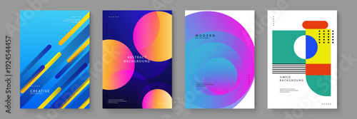Collection of four professional abstract backgrounds featuring vibrant gradients fluid circles and geometric compositions for creative design projects