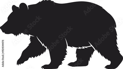 Grizzly bear silhouette illustration showing powerful wild animal walking in side view, bold black and white vector isolated for wildlife logo, tattoo, and nature design