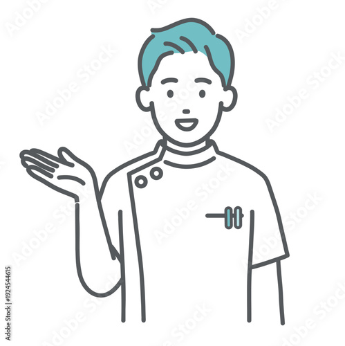 案内・紹介をするケーシー白衣の男性看護師・医療従事者のイラスト（上半身）