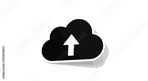 Cloud computing upload icon with white arrow on black cloud symbol, representing data storage and online backup technology