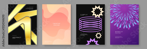 A comprehensive set of four modern posters featuring gold abstract shapes peach liquid waves purple stars and radial gradient bursts