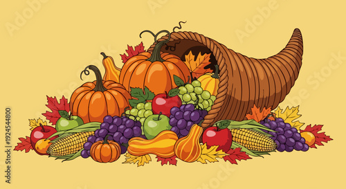 Thanksgiving cornucopia overflowing with autumn harvest fruits and vegetables.