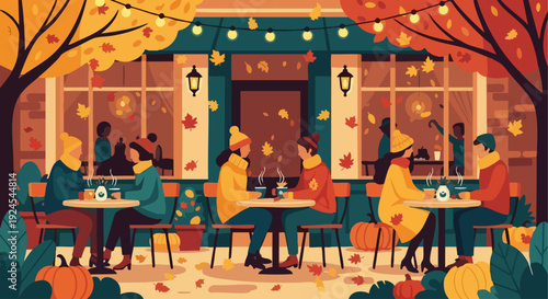 People enjoying an autumn day at an outdoor cafe with warm drinks.