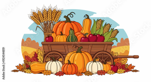 Autumn harvest wagon filled with pumpkins, gourds, apples, and corn.