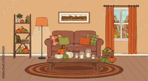 Cozy Autumn Living Room Interior with Fall Decorations.